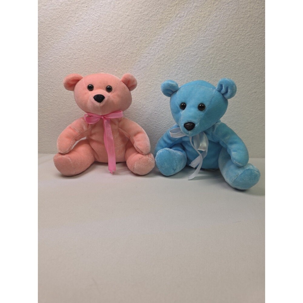 Vintage set of 2 Pastel Pink & blue Plush Teddy Bears Stuffed Animal Toy Ribbon